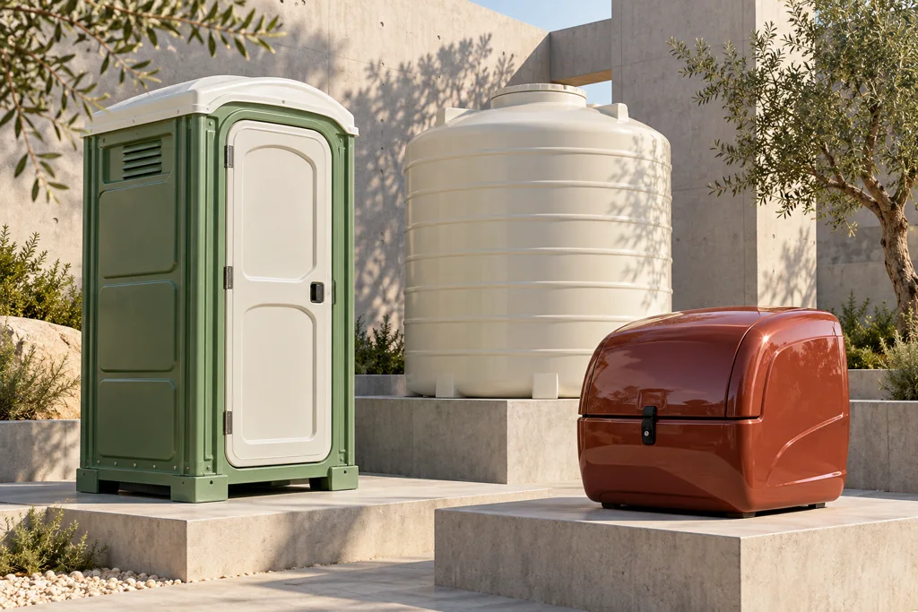 Ilustrasi desain toilet portable, tangki, dan box motor berbahan fiberglass